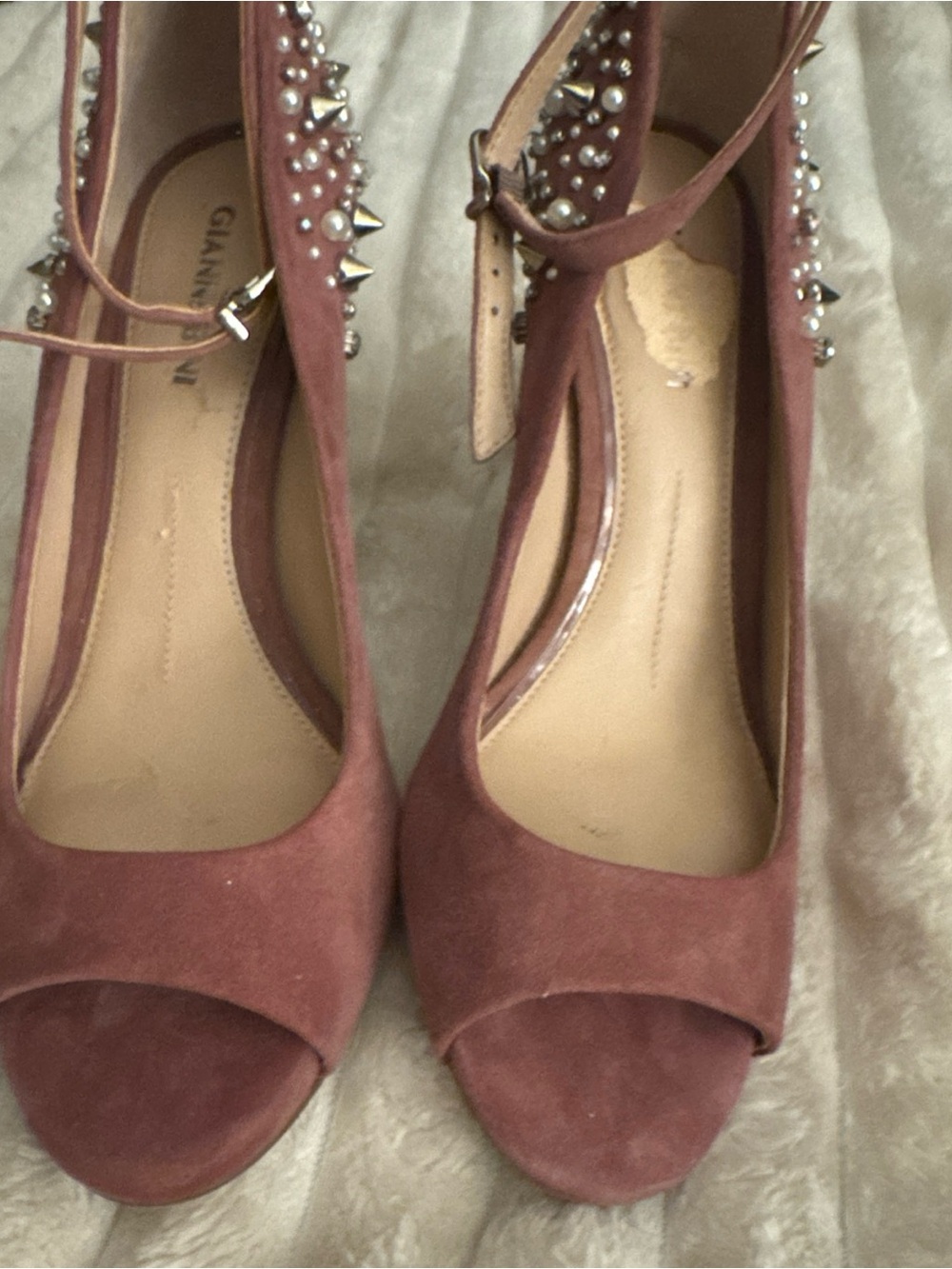 Gianni Bini Mauve Suede Peep-Toe Heels with Studded Ankle Strap